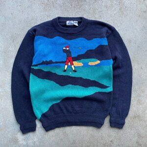 Vintage Cambridge Classic Golf Scene Knit Sweater Crewneck Size Small Navy Blue